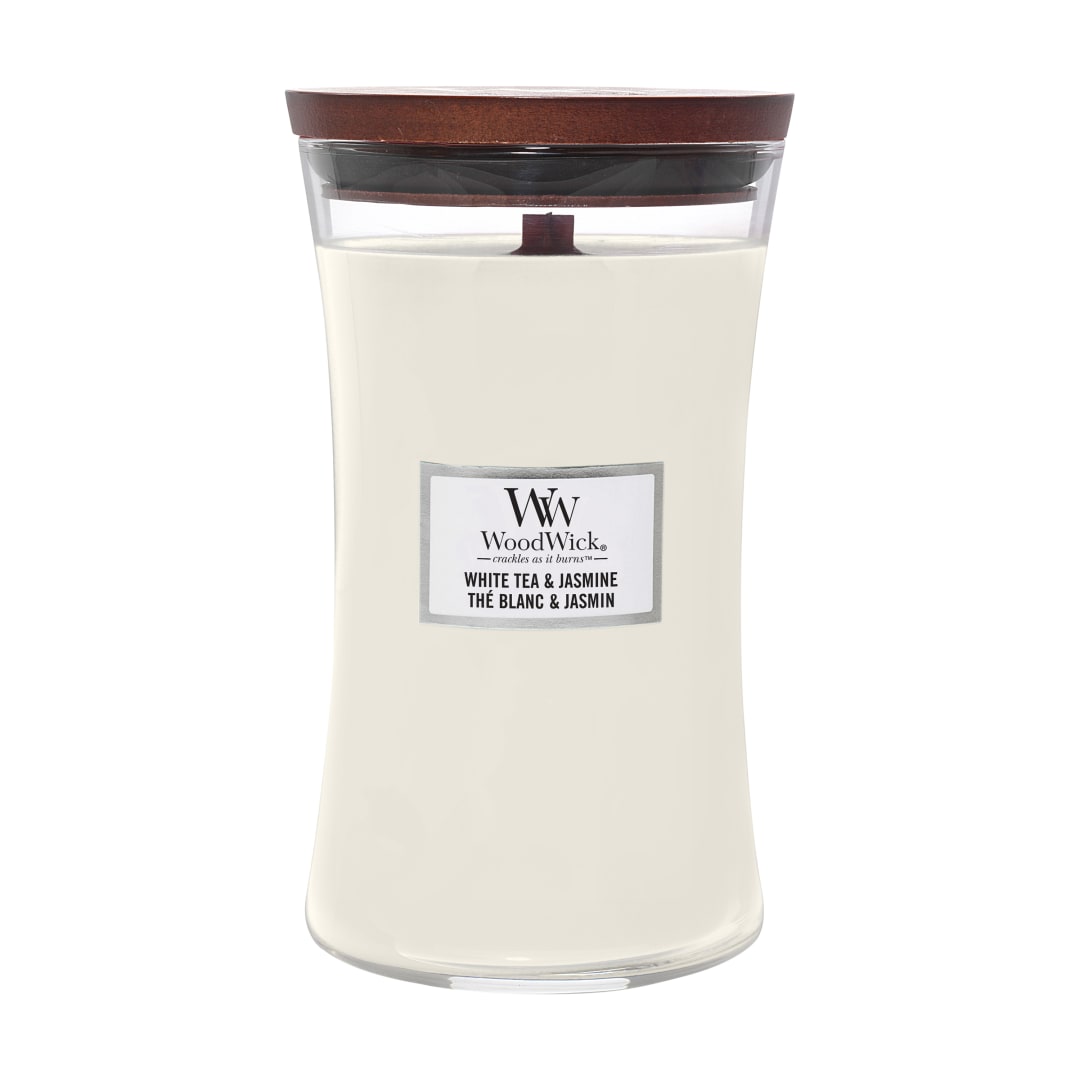 WoodWick Vela perfumada hourglass grande | Té blanco y jazmín | con mecha crepitante | Tiempo de combustión: hasta 130 horas