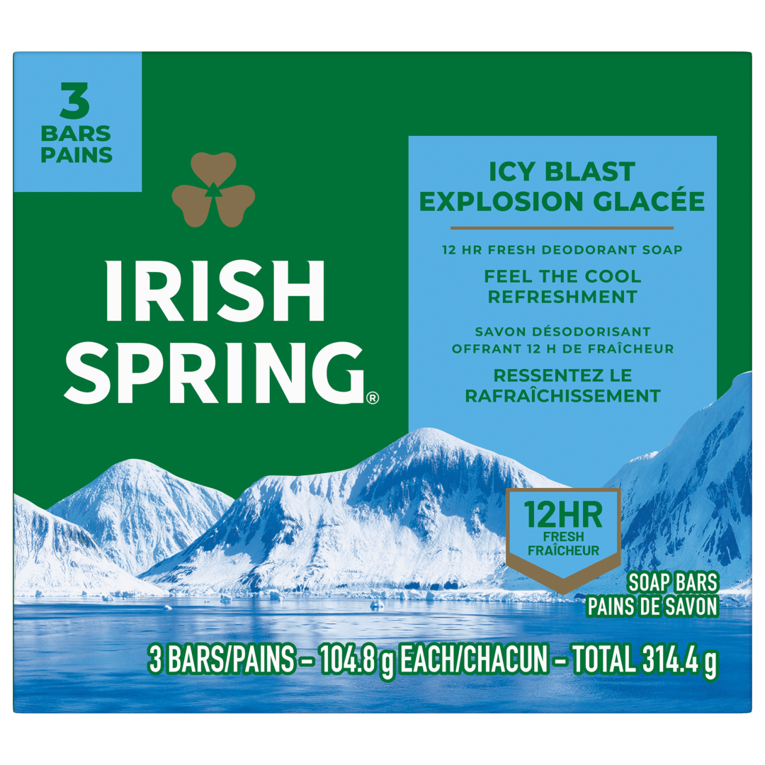 Irish Spring Icy Blast Deodorant Bar Soap for Men, With Flaxseed Oil, 12 Hour Fresh Deodorant Soap, 3.7 oz Bar