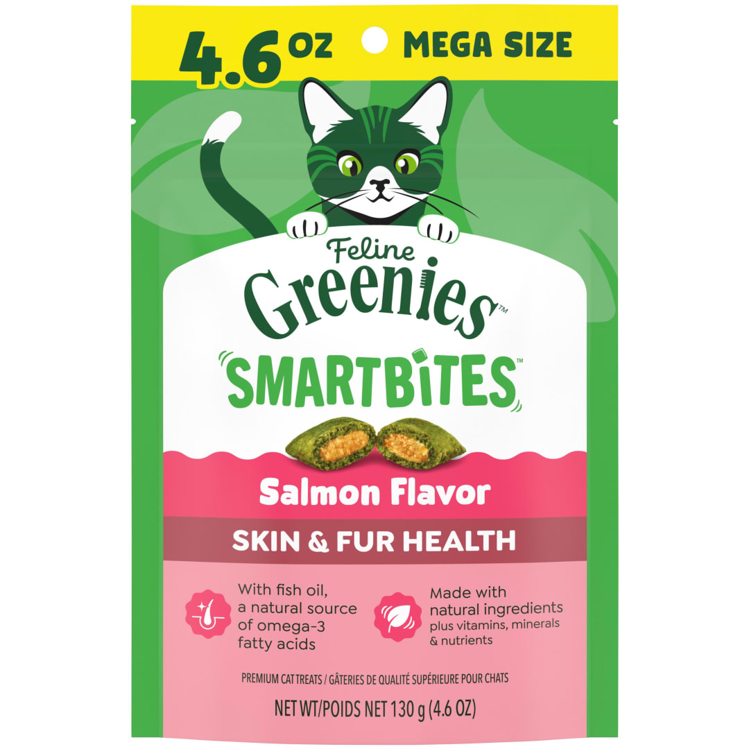 FELINE GREENIES SMARTBITES Skin & Fur  Crunchy and Soft Natural Cat Treats, Salmon Flavor, 4.6 oz. Pack