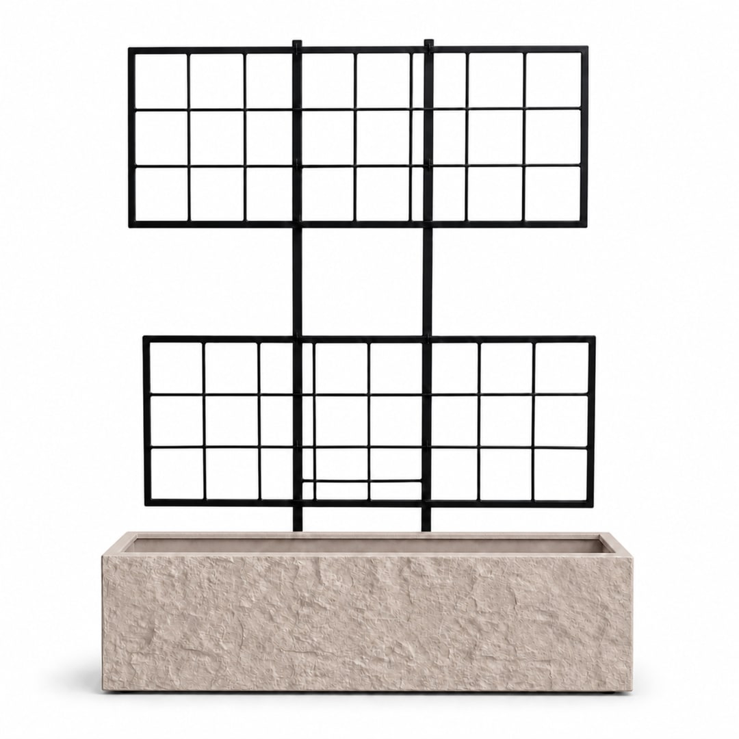 Rock Texture Rectangular Polystone Planter with Steel Trellis, Sand