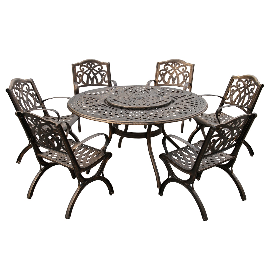 Modern Ornate Outdoor Mesh Aluminum 59-in Bronze Large Round Patio Dining Set with Lazy Susan and Six Chairs
