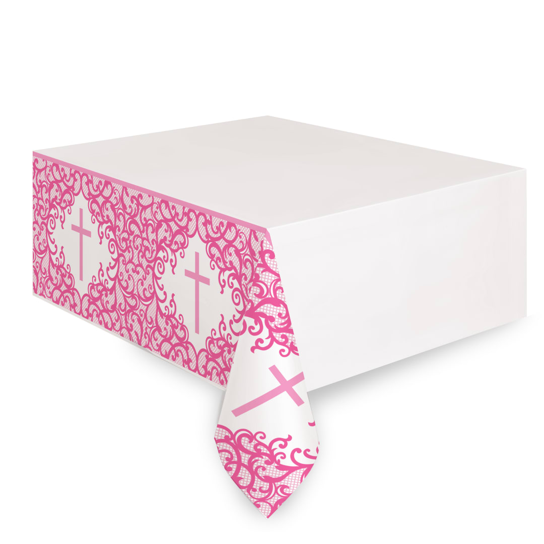 Fancy Pink Cross Rectangular Plastic Table Cover, 54" x 84"