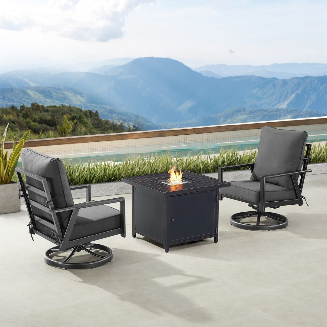 Black Aluminum Patio Fire Table Bistro Set with Two Club Chairs
