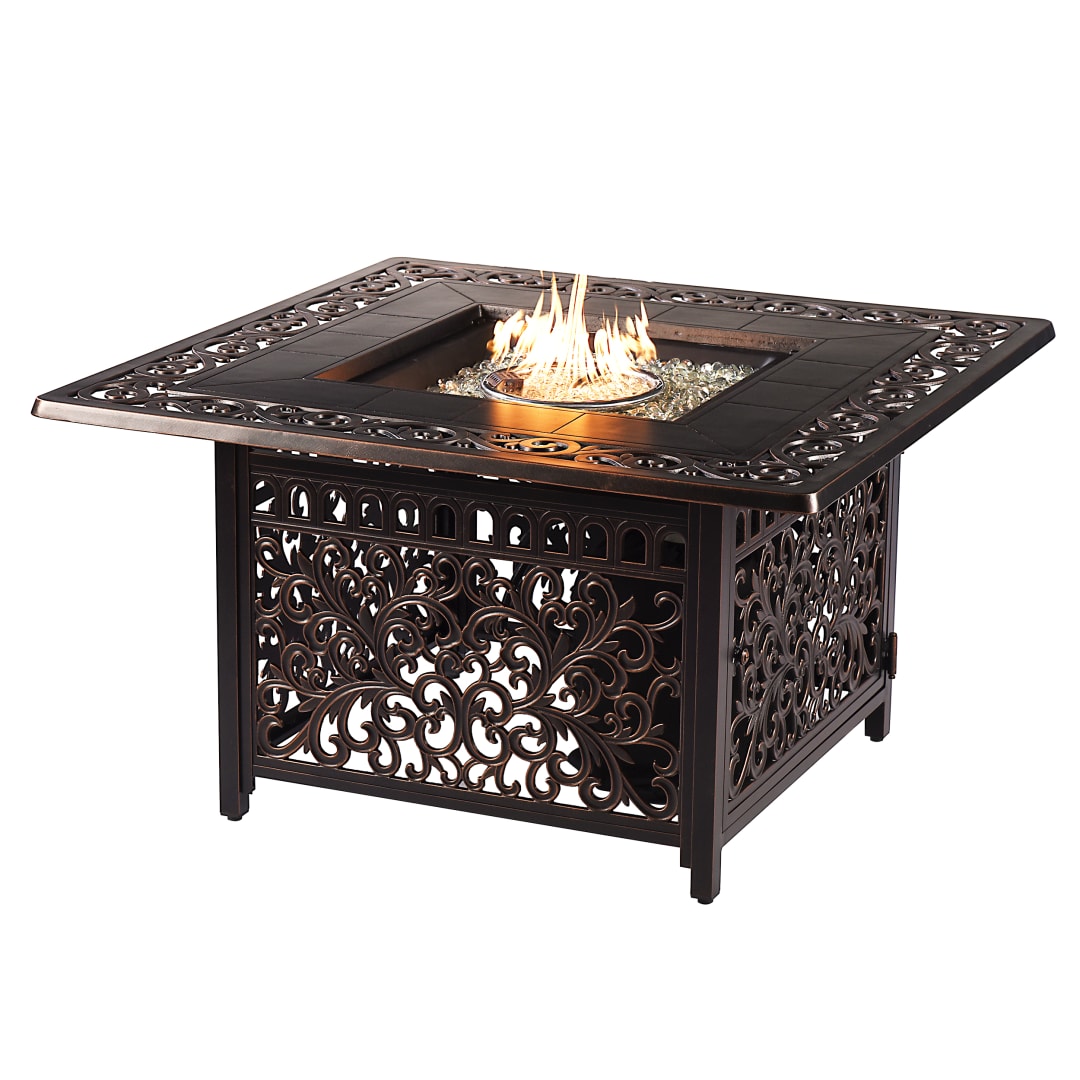 Aluminum Outdoor 42 in. Square Propane Fire Table with Fire Beads, Lid, Propane Tank Cover and Table Fabric Covers in Antique Copper Finish