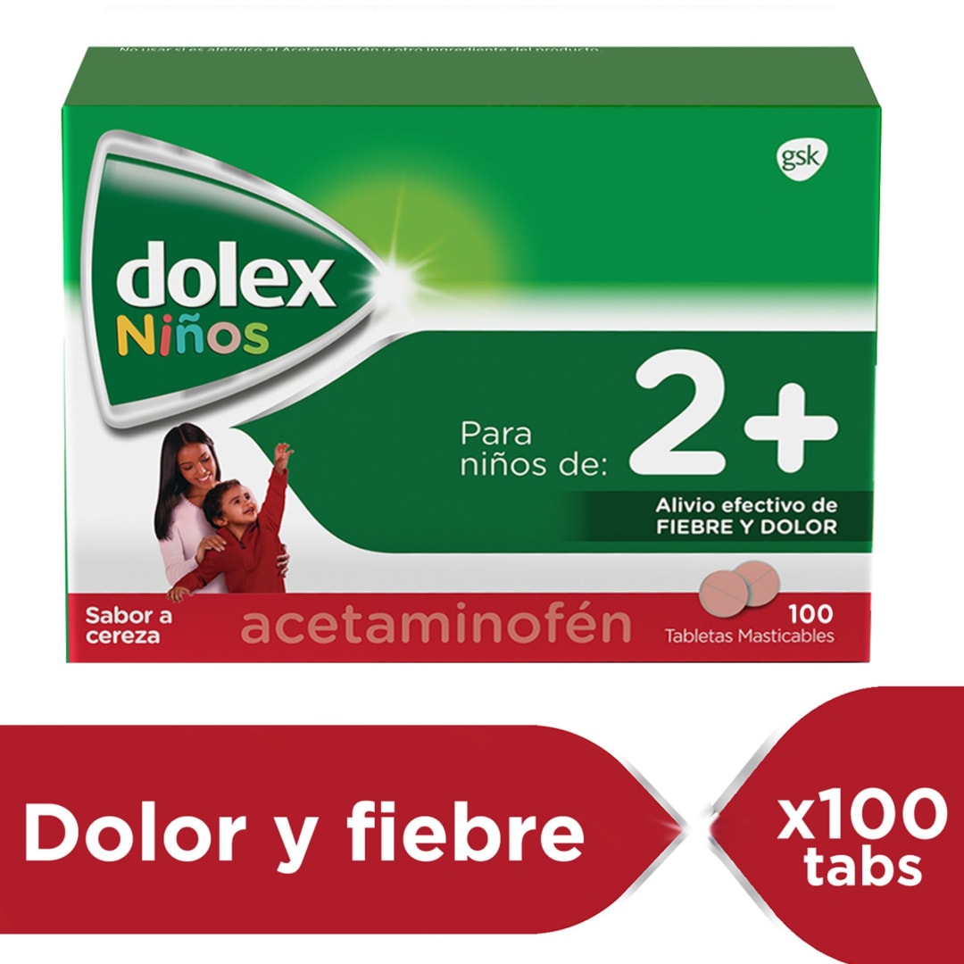 Dolex Niños Acetaminofen 2+ Alivio de la Fiebre y el Dolor x 100 Tabletas Masticables