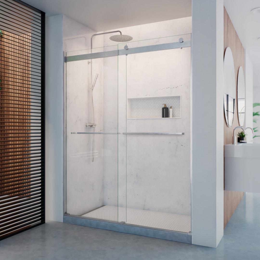 DreamLine Dexterity 56 - 60 inch W x 76 inch H Frameless Bypass Shower Door in Brushed Nickel