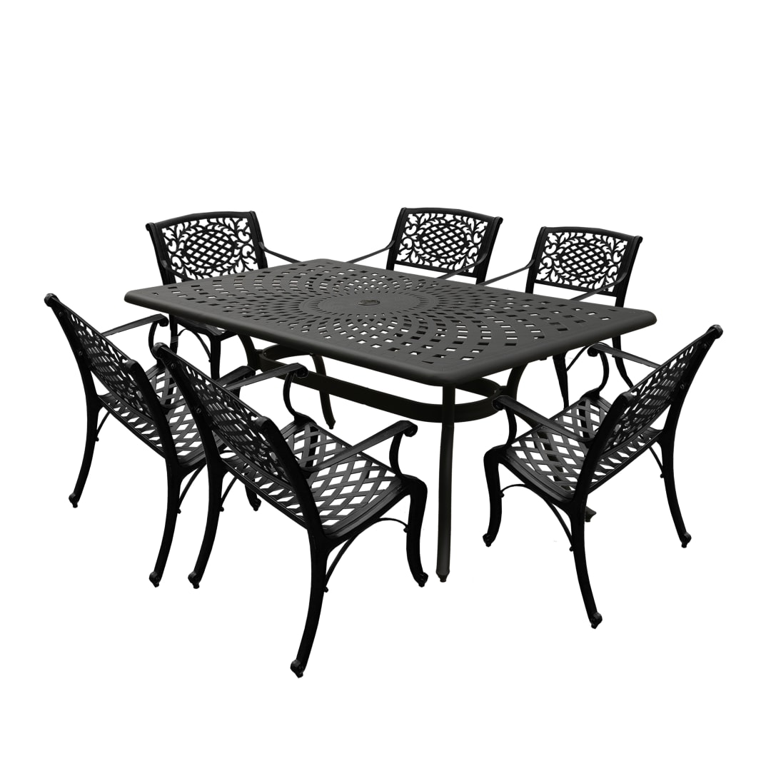 Modern Ornate Outdoor Mesh Aluminum 67-in Black Rectangular Patio Dining Set with Six Chairs