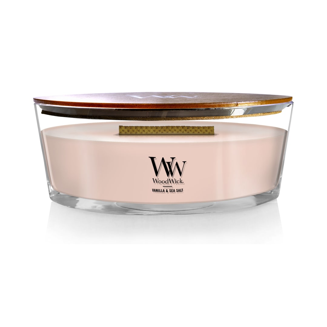 WoodWick® Ellipse Scented Candle, Vanilla & Sea Salt Scent, Crackles as it Burns, Up to 50 hours Burn Time, Premium Soy blend, Perfect for gifting, 16oz
