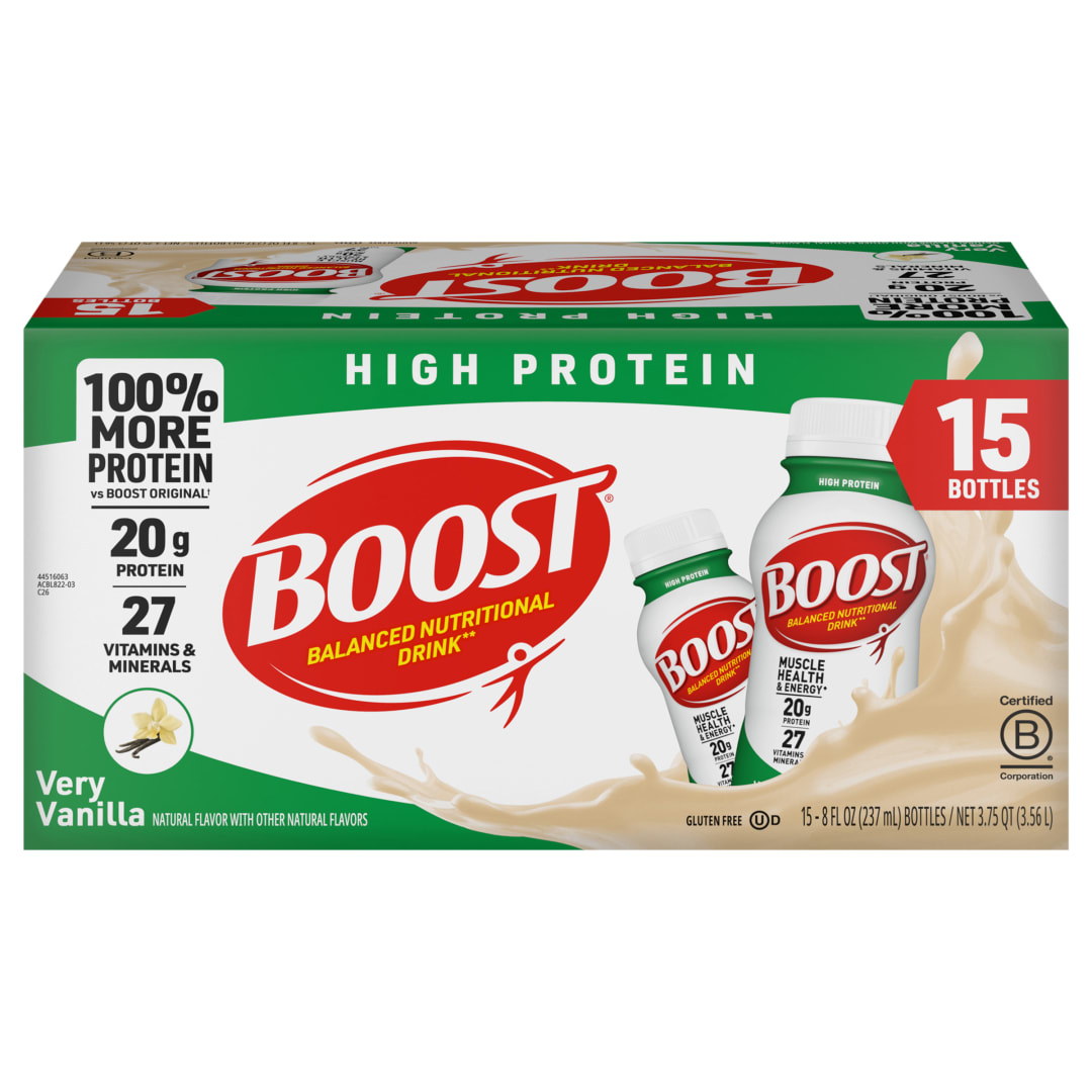 BOOST 20g High Protein Nutritional Drink Shakes, Very Vanilla, 8 fl oz, 15 Pack
