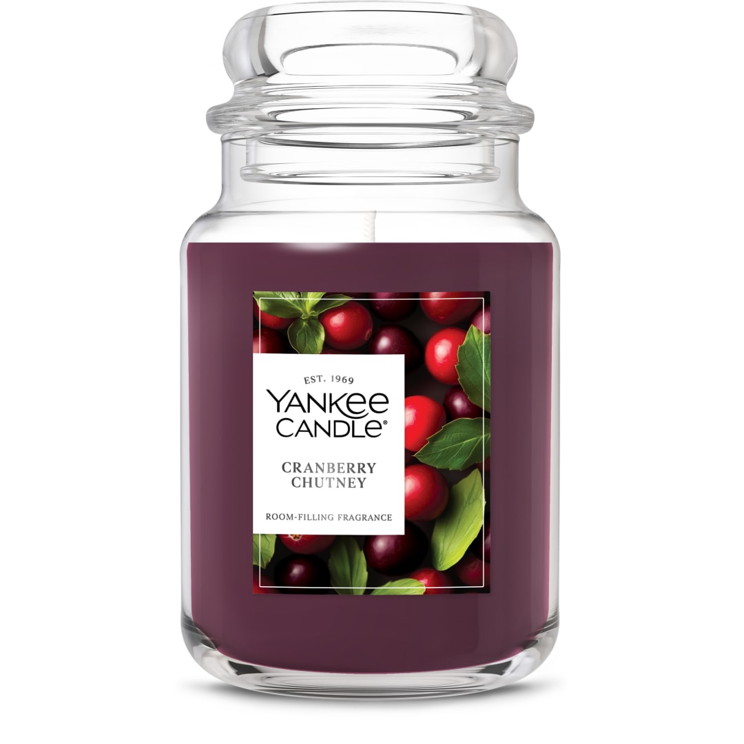 Yankee Candle® Large Jar Scented Candle with up to 150 Hour Burn Time, Premium Plant Wax Blend for Consistent Burn, 22 oz Jar Candle with Room Filling Fragrance, Cranberry Chutney