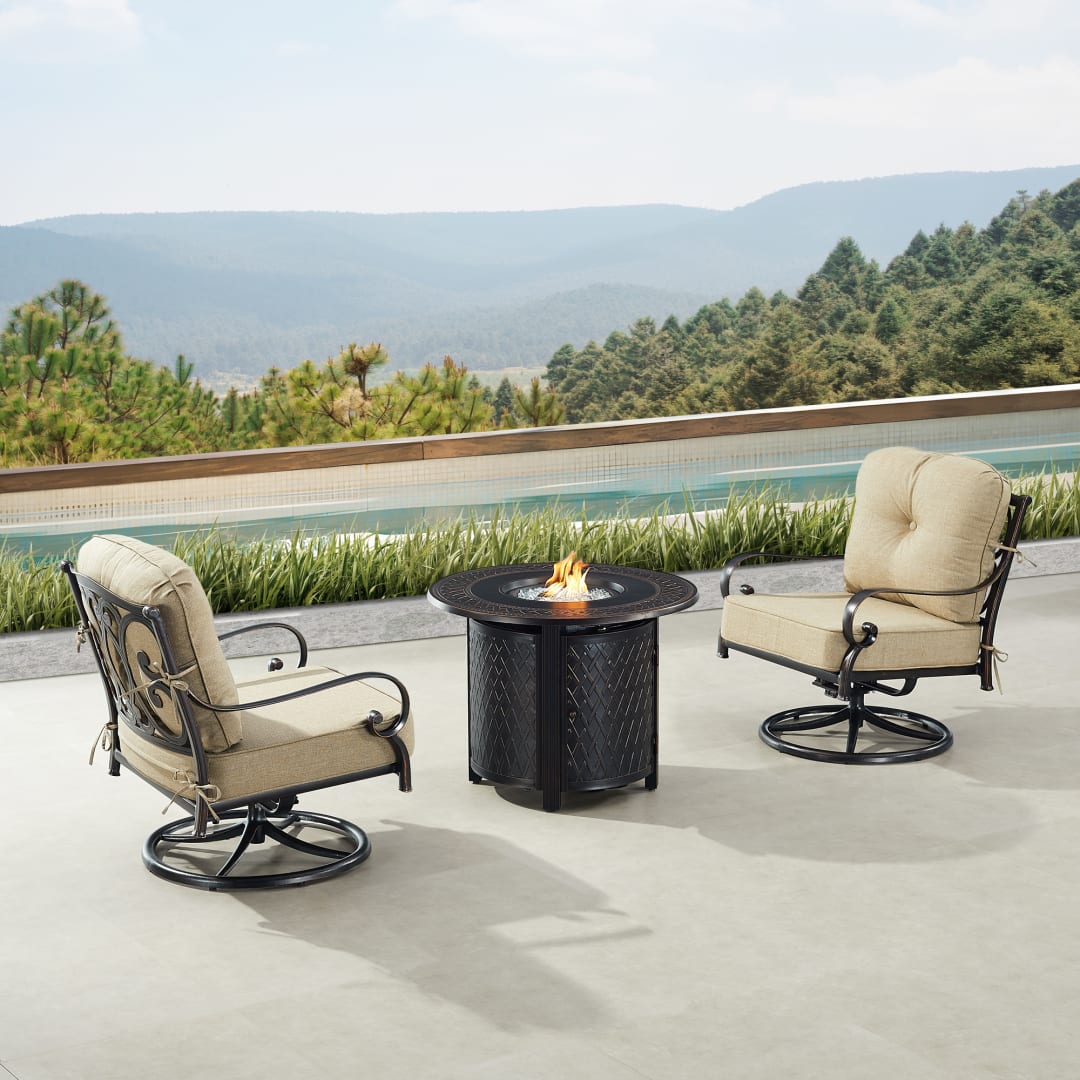 Black Aluminum Patio Fire Table Bistro Set with Two Club Chairs
