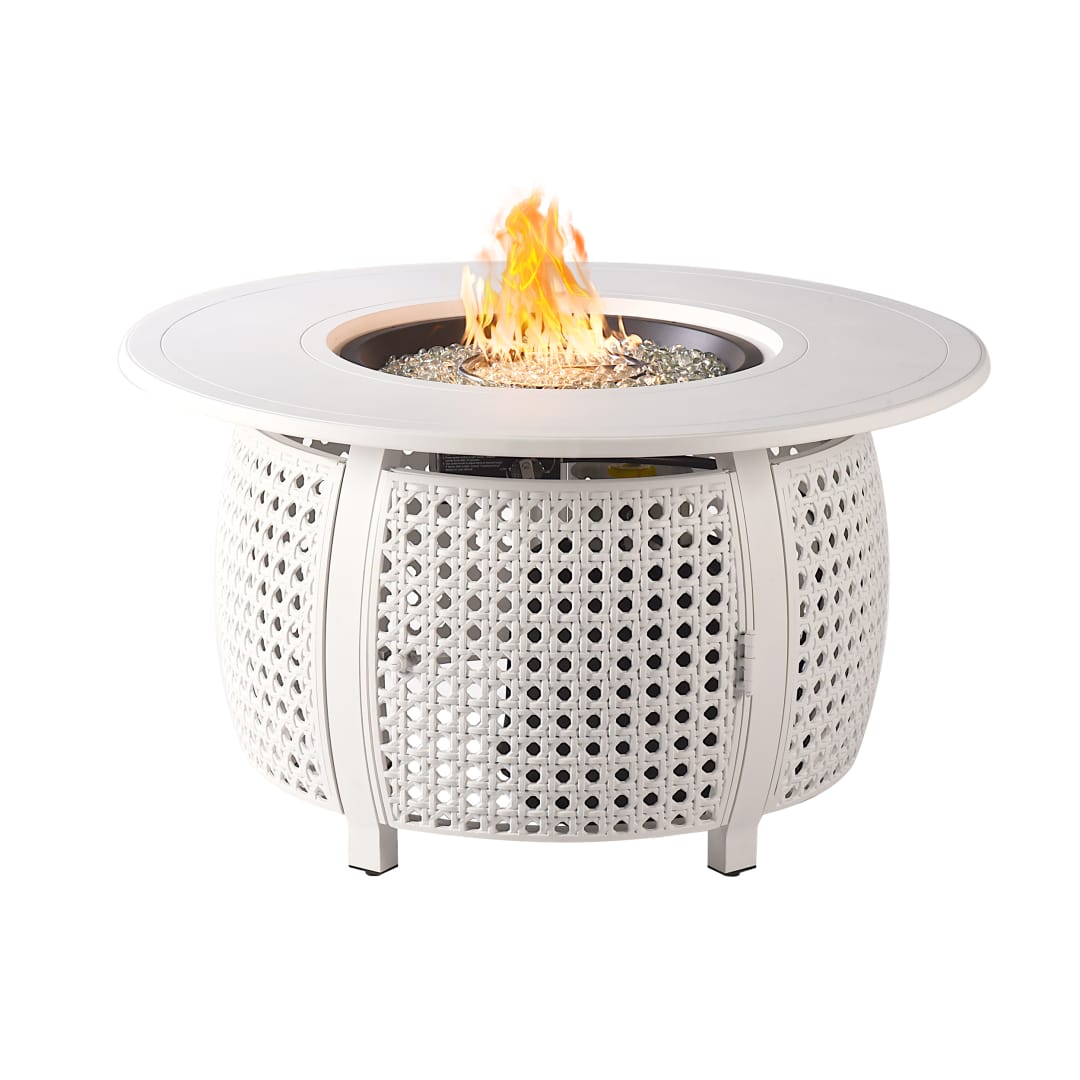 Round 44 in. x 44 in. Aluminum Propane Fire Pit Table with Glass Beads, Two Covers, Lid, 55,000 BTUs in White Finish