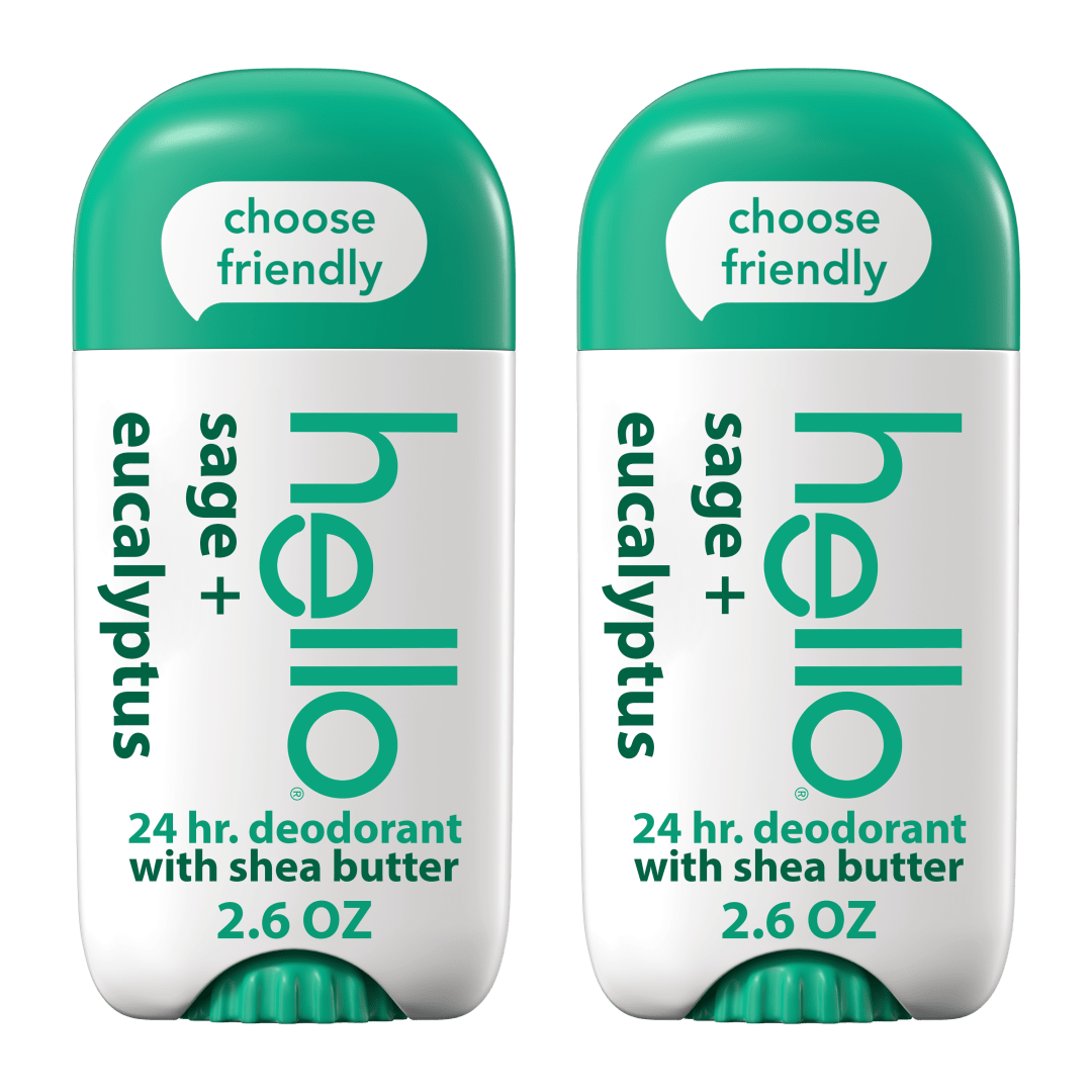 hello Sage + Eucalyptus Aluminum Free Deodorant for Women and Men with Shea Butter, 24-Hour Freshness, Baking Soda Free Deodorant, Dermatologically Tested, 2.6 oz Stick (2 Pack)