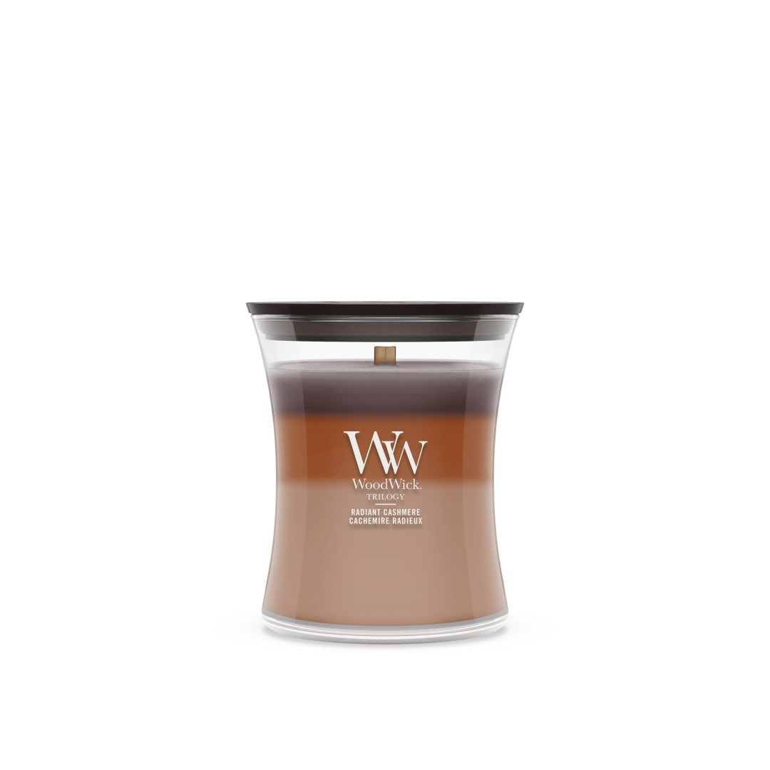 WoodWick Vela perfumada | Vela de tamaño mediano en forma de reloj de arena | Radiant Cashmere | Regalos perfectos para mujeres
