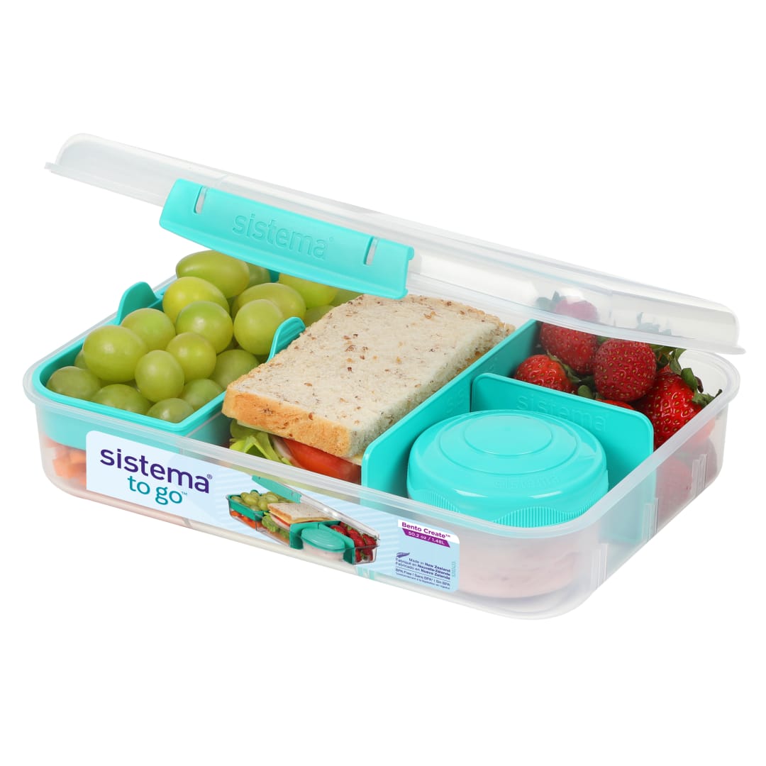 Sistema To Go Bento Box Create, Lunch Box with Compartments & Snack Container, 1.48 L, BPA-Free, Minty Teal