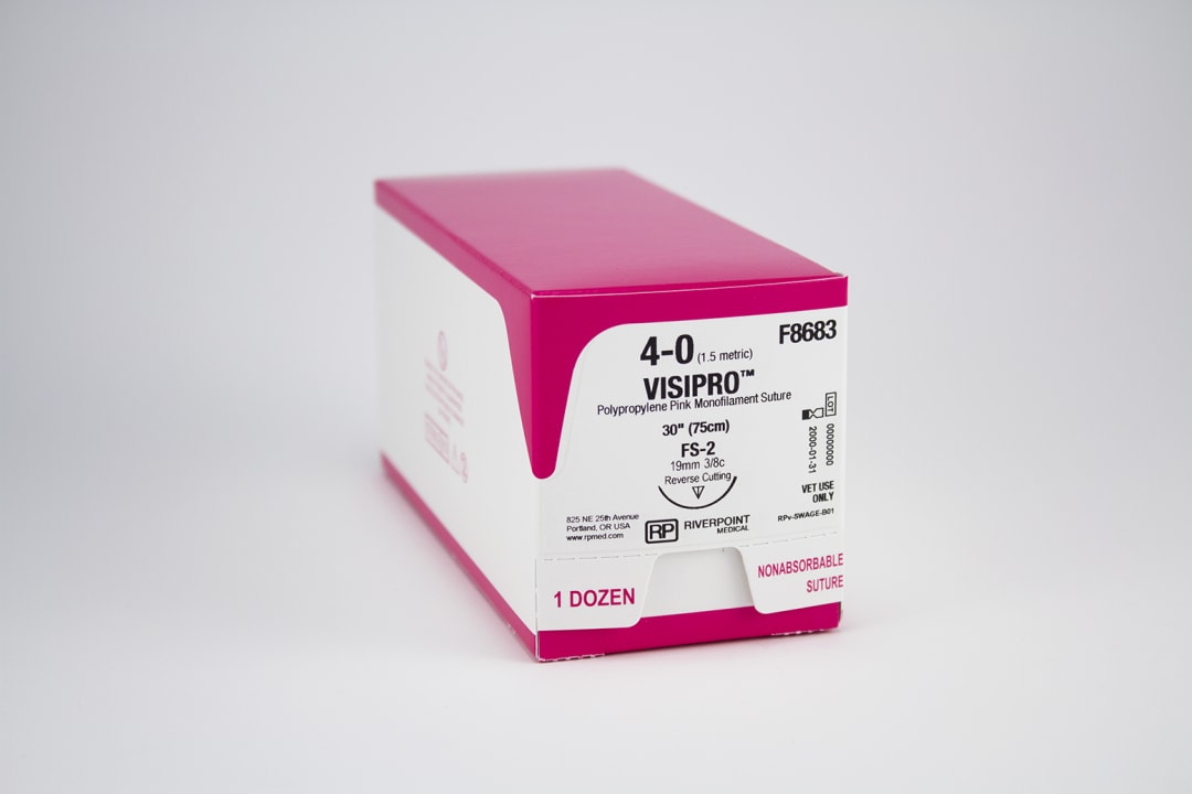VisiPro PP Suture, USP 4-0 with 19mm FS-2 Reverse Cutting 3/8 Circle Needle, Fluorescent Pink, 75cm, Sterile