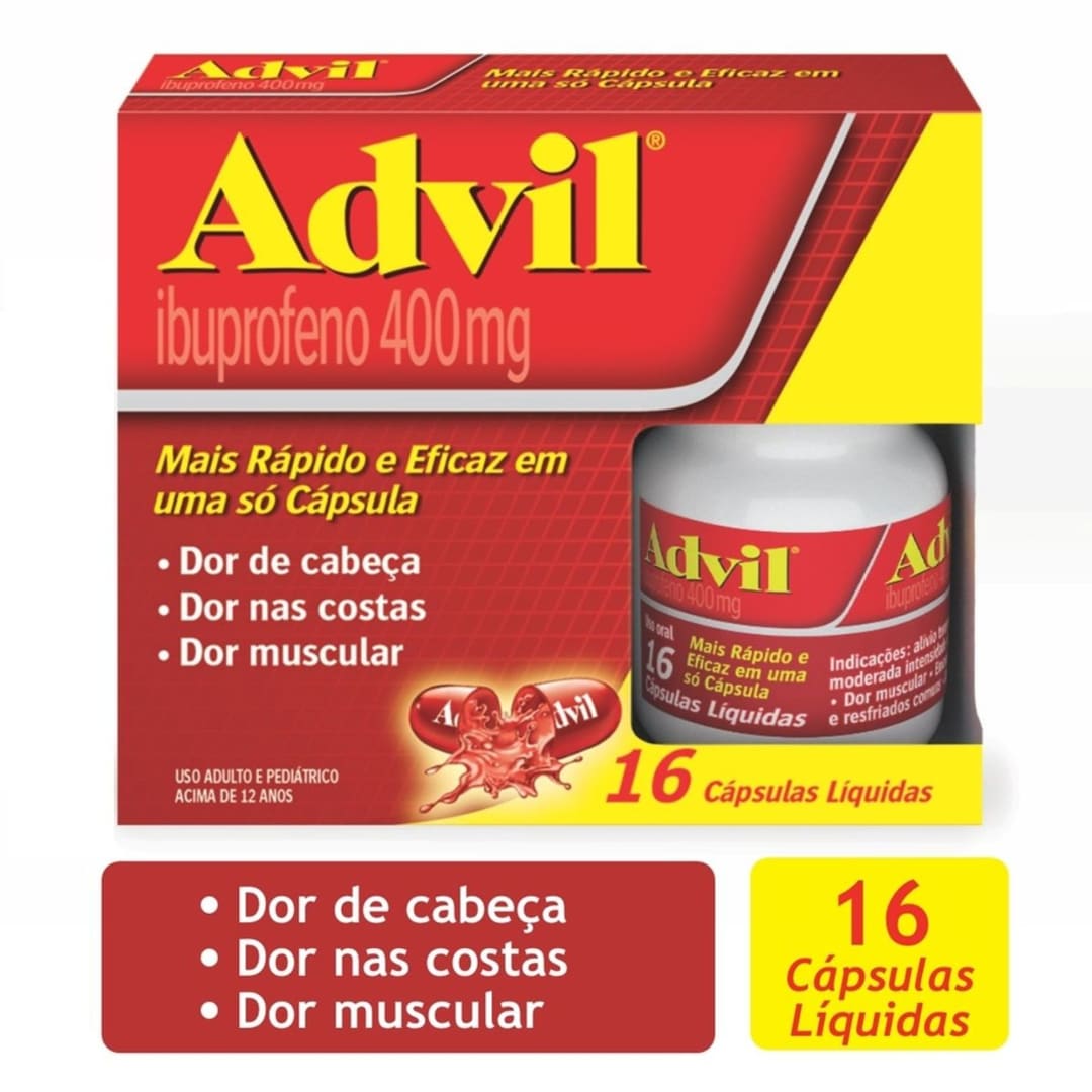 Advil 400mg Ibuprofeno Alívio Rápido da Dor de Cabeça Frasco 16 Cápsulas