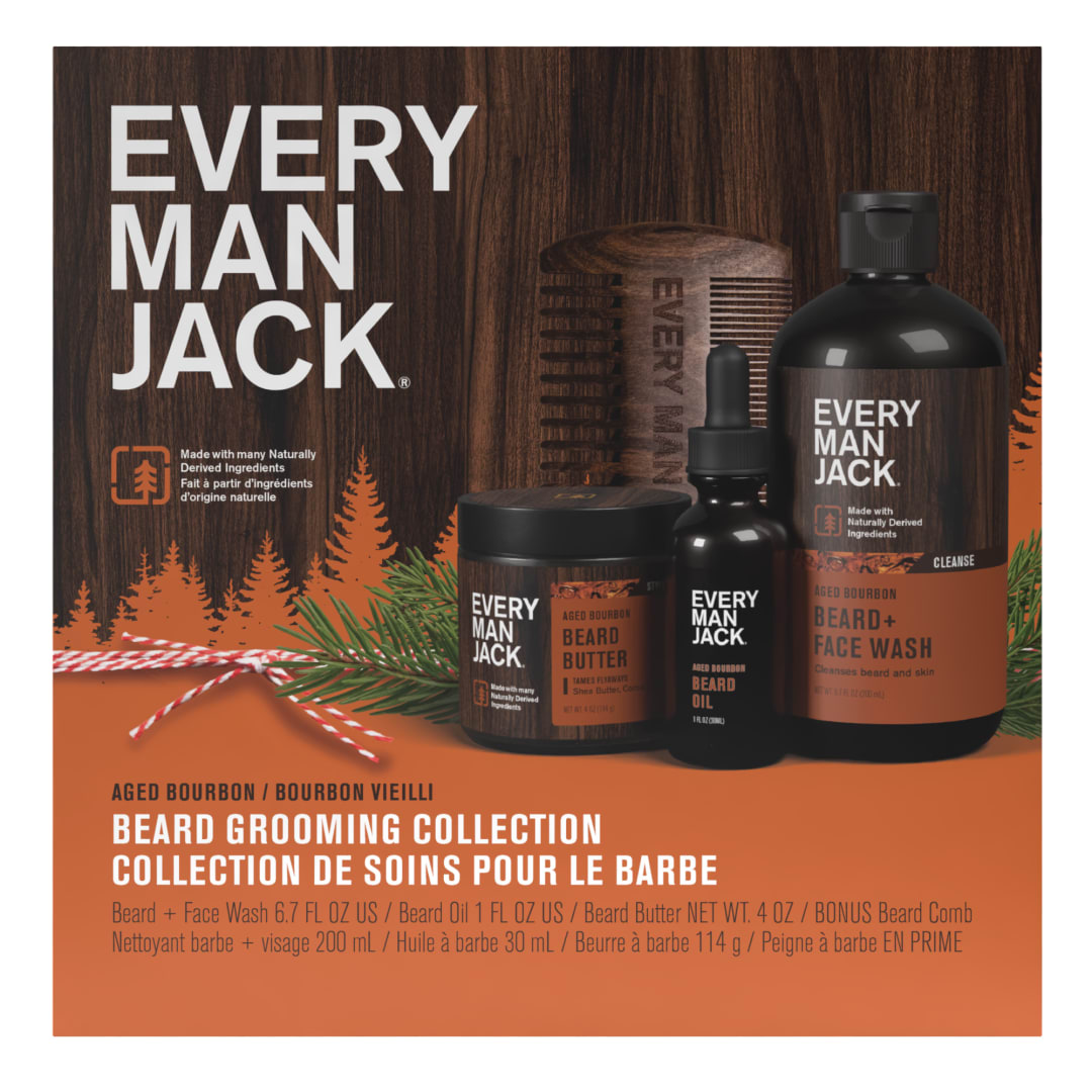 Every Man Jack Men's Aged Bourbon Beard Kit Holiday Gift Set, Face Wash, Beard Butter and Beard Oil