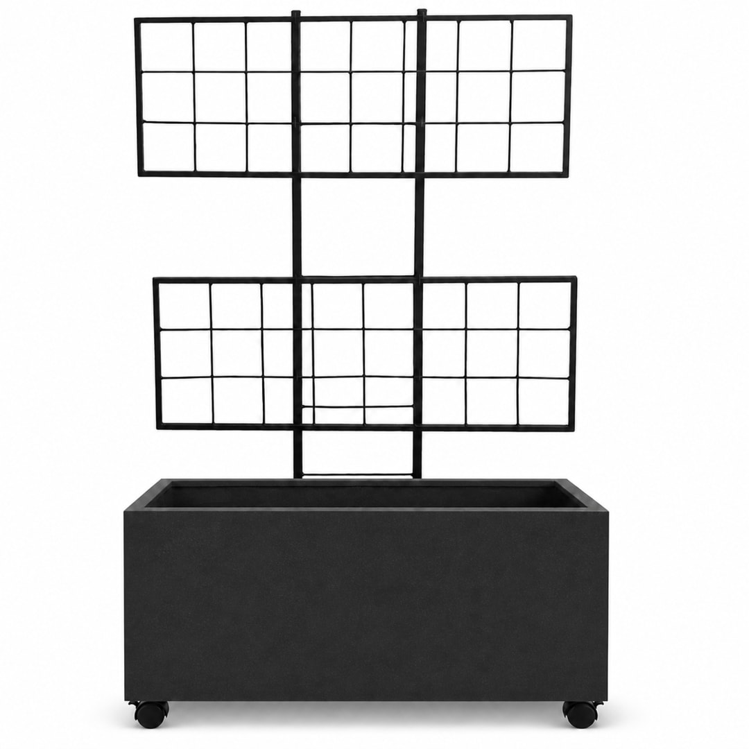 Smooth Rectangular Polystone Planter with Steel Trellis and Wheels, Black