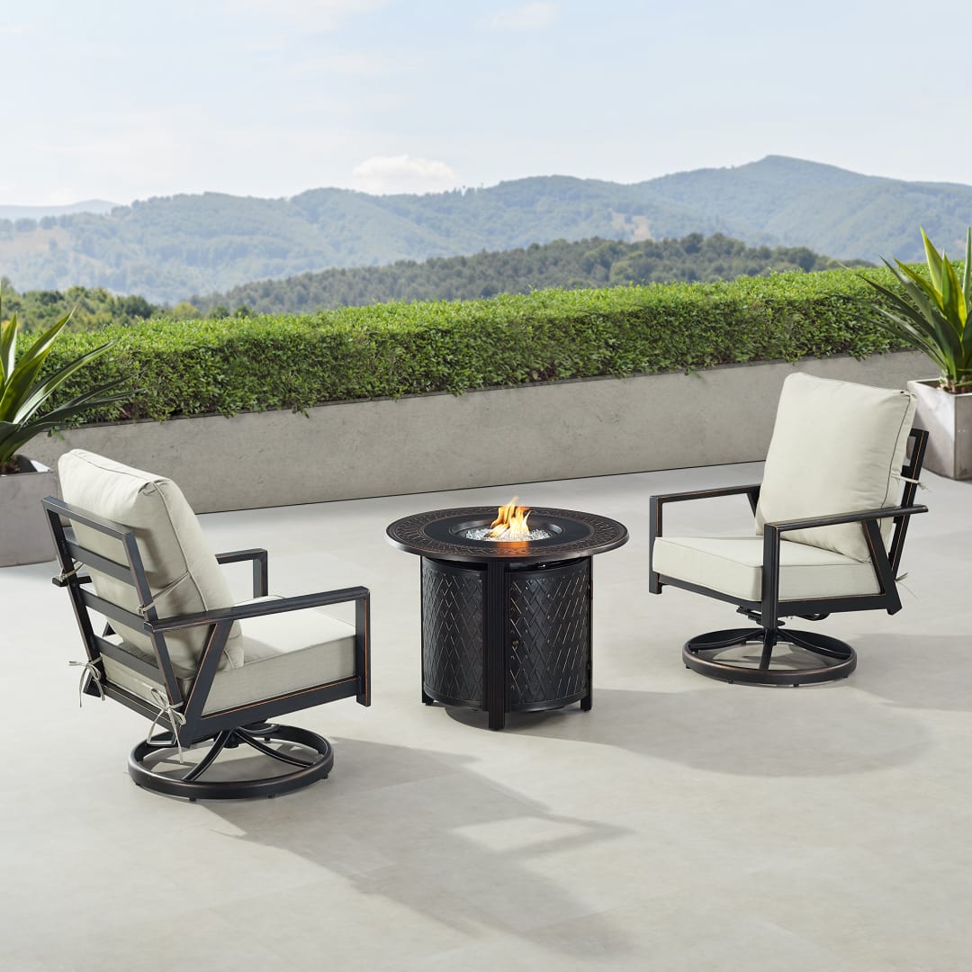 Black Aluminum Patio Fire Table Bistro Set with Two Club Chairs