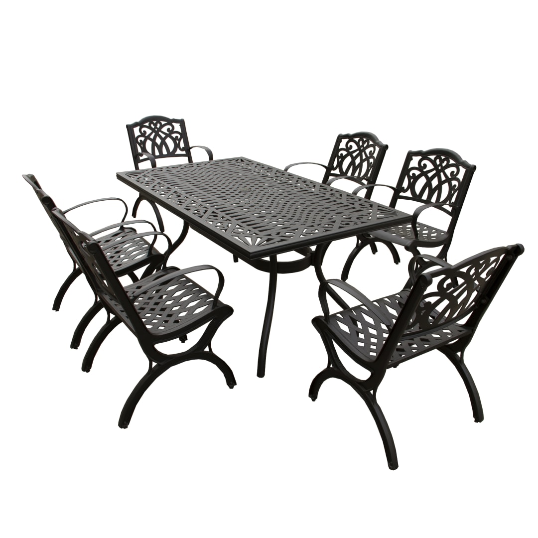 Modern Ornate Outdoor Mesh Aluminum 68-in Black Rectangular Patio Dining Set with Six Chairs