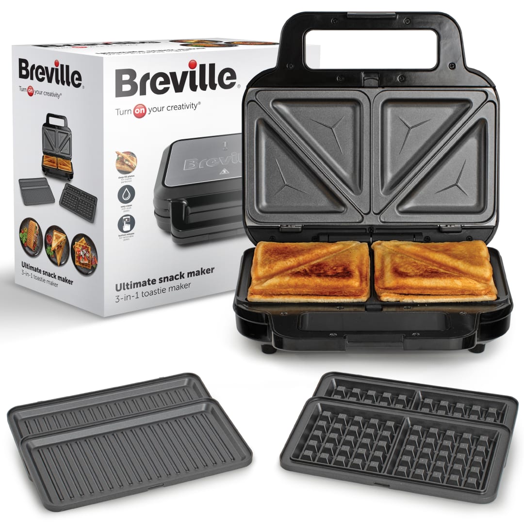 Breville 3-in-1 Sandwichera Ultimate | Sandwichera para preparar sándwiches rellenosgofres y paninis | Placas antiadherentes extraíbles | Acero inoxidable negro [VST098X] | Enchufe UE