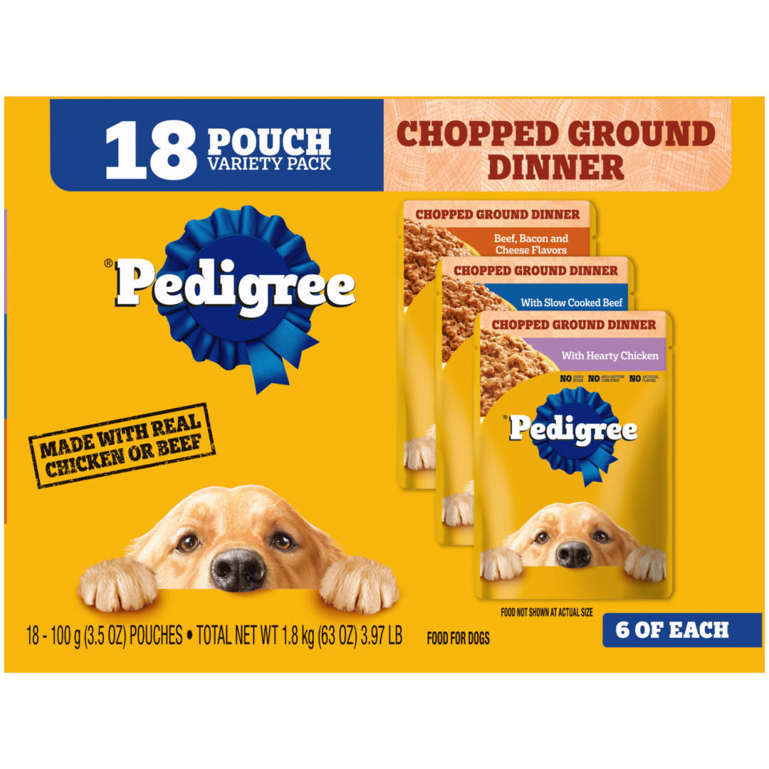 Pedigree Chopped Ground Dinner Cheese Variety Pack Adult Wet Dog Food, (18) 3.5 oz Pouches
