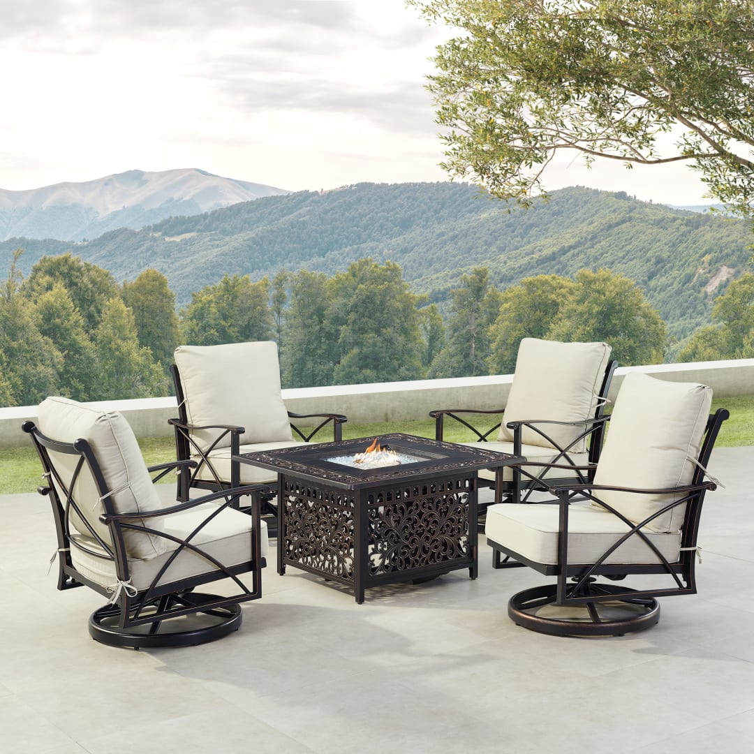 Black Aluminum Patio Fire Table Set with Four Club Chairs