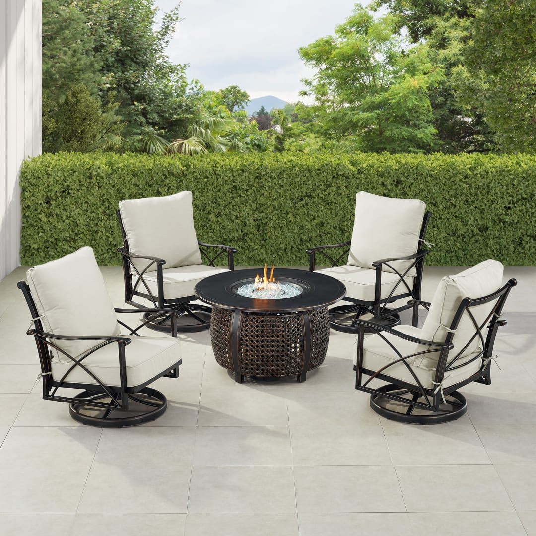 Black Aluminum Patio Fire Table Set with Four Club Chairs