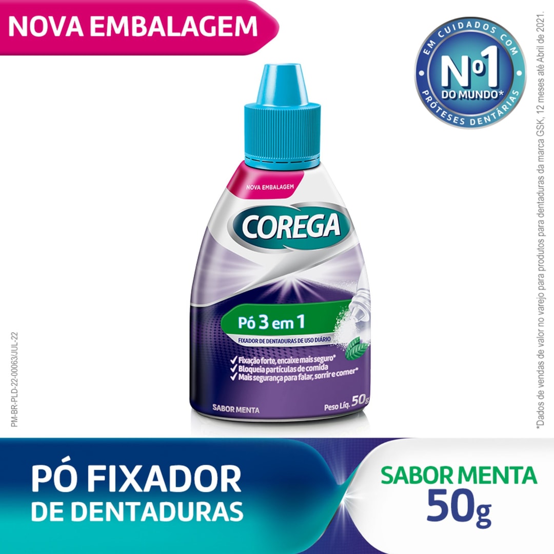 Corega Pó 3 em 1 Fixador de Dentadura Forte Fixação Sabor Menta 50g
