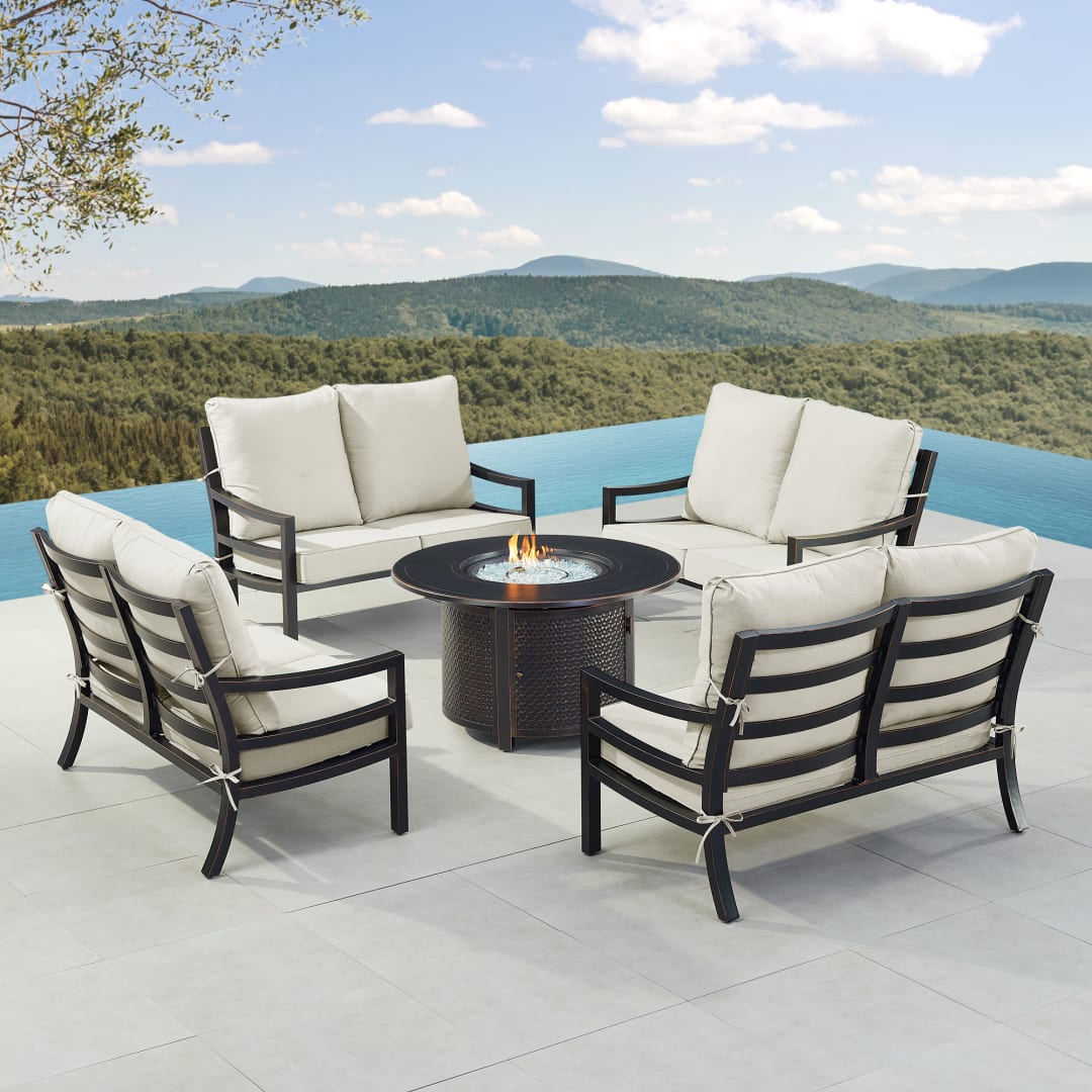 Black Aluminum Patio Fire Table Set with Four Deep Seating Loveseat with Cushions