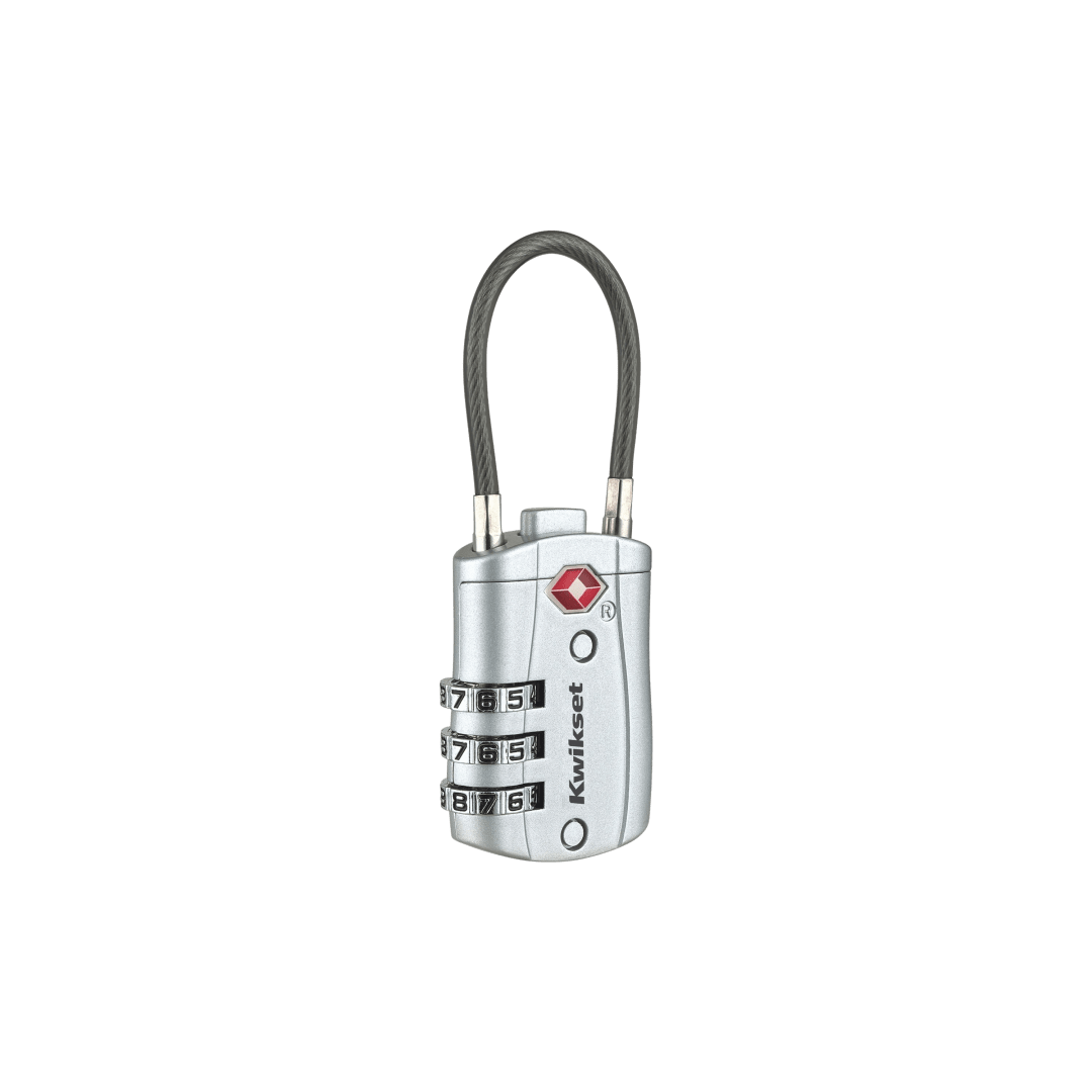 Kwikset TSA Approved Combination Luggage Lock with Cable, 3-Digit, 1-3/16 in Body, 1 Pack, Silver