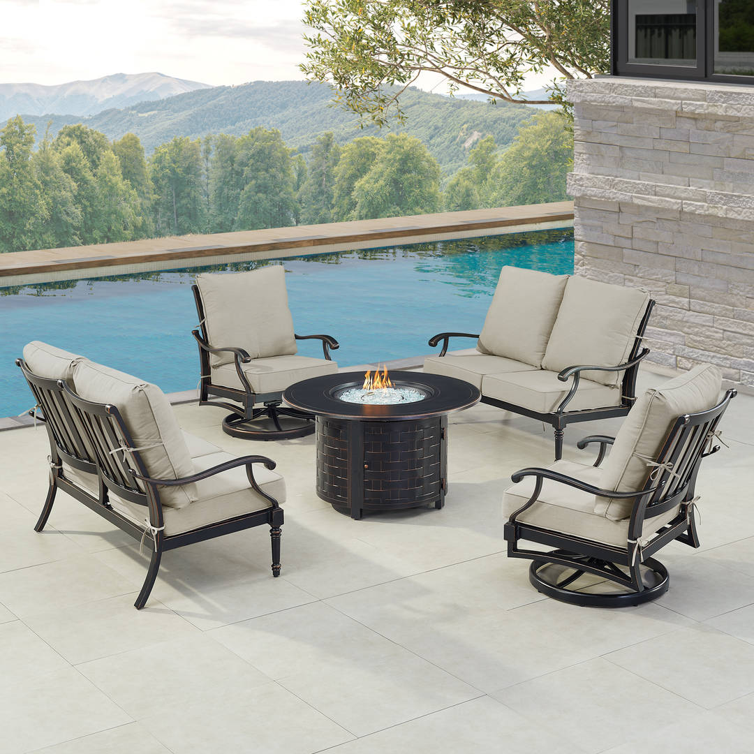 Black Aluminum Patio Fire Table Set with Two Deep Seating Loveseat with Cushions and Two Club Chairs