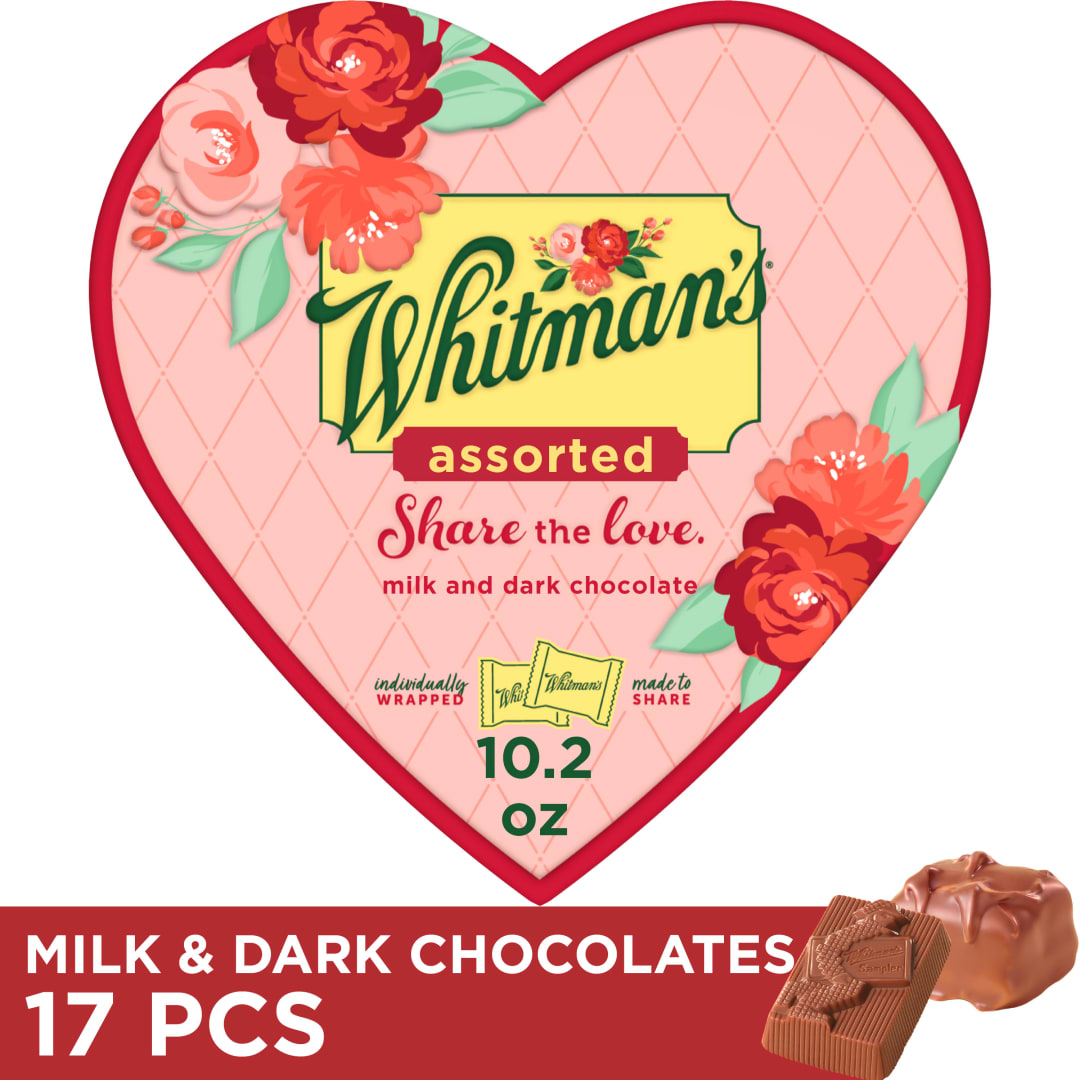 WHITMAN'S Sharing Heart Assorted Milk &amp; Dark Chocolate Candy Gift Box, 10.2 oz.