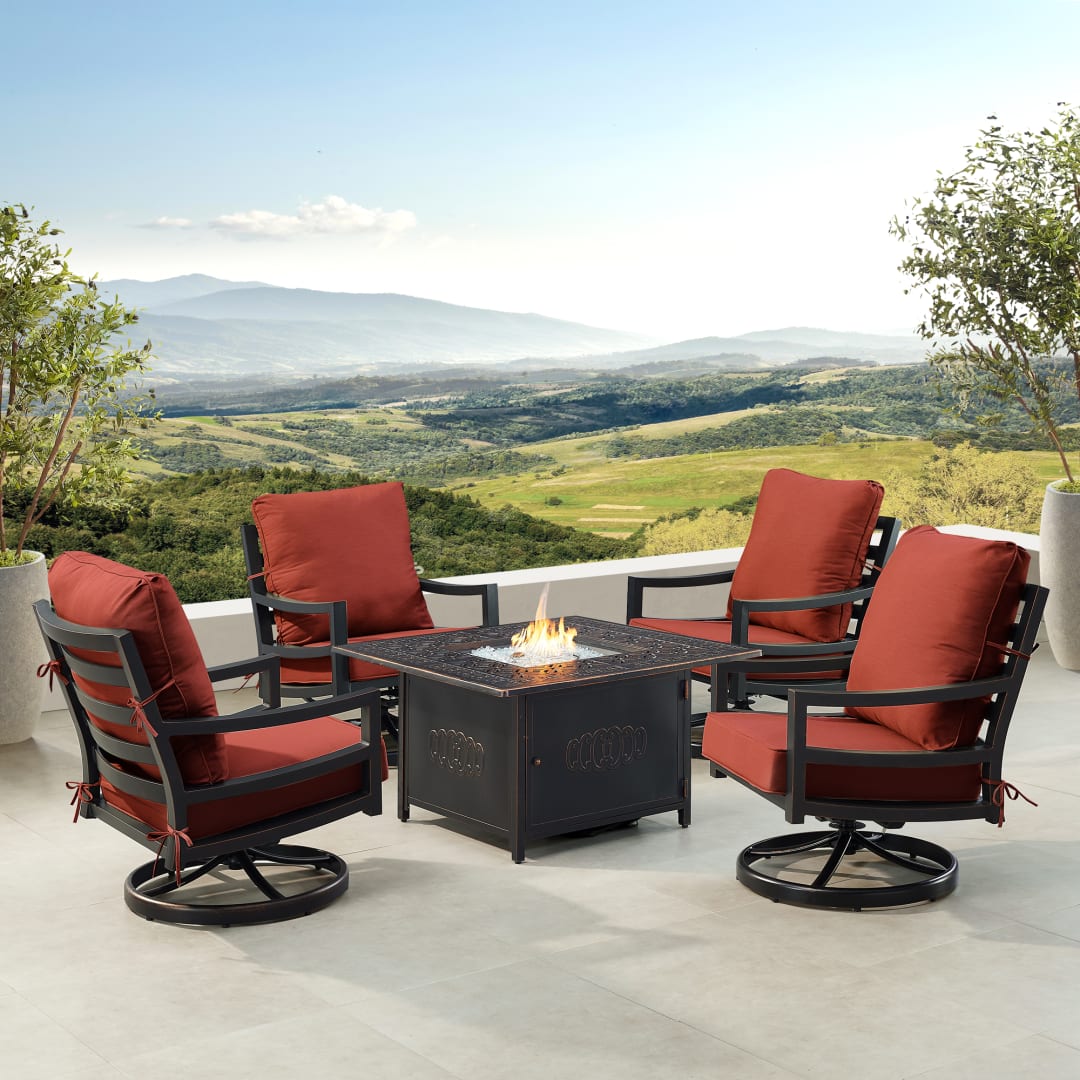 Black Aluminum Patio Fire Table Set with Four Club Chairs