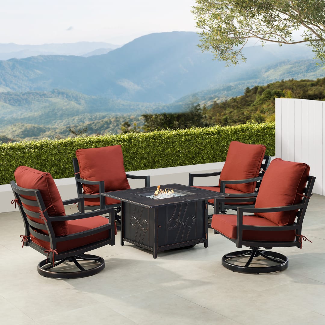 Black Aluminum Patio Fire Table Set with Four Club Chairs