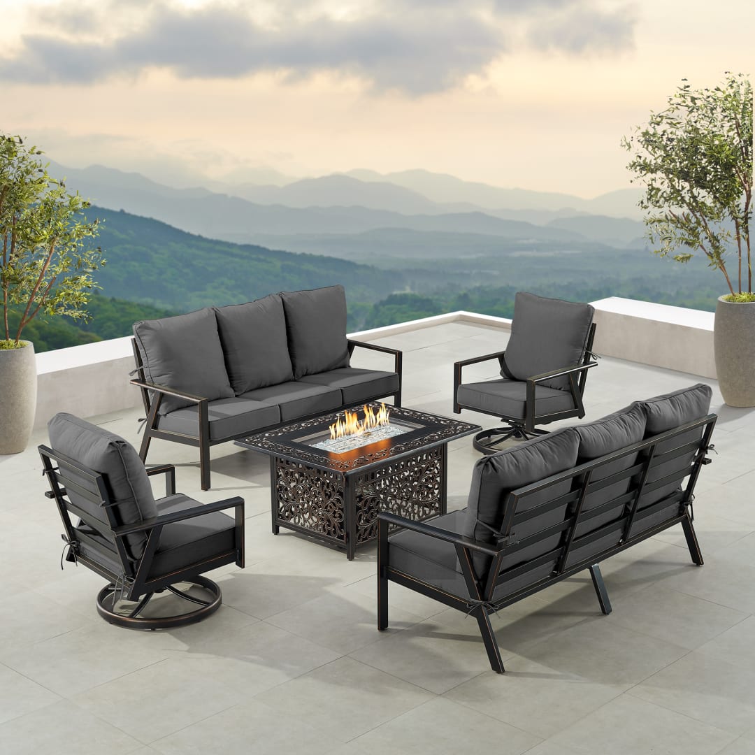 Black Aluminum Patio Fire Table Set with Two Deep Seating Sofa with Cushions and Two Club Chairs