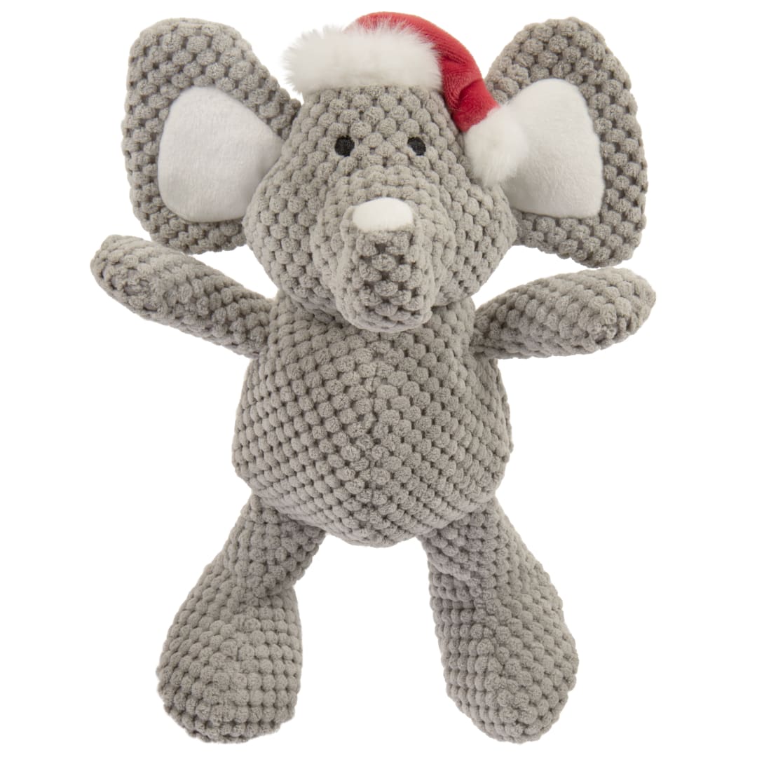 goDog Holiday Collection Checkers Elephant Santa Squeaky Plush Dog Toy With Chew Guard Technology, Medium, Gray