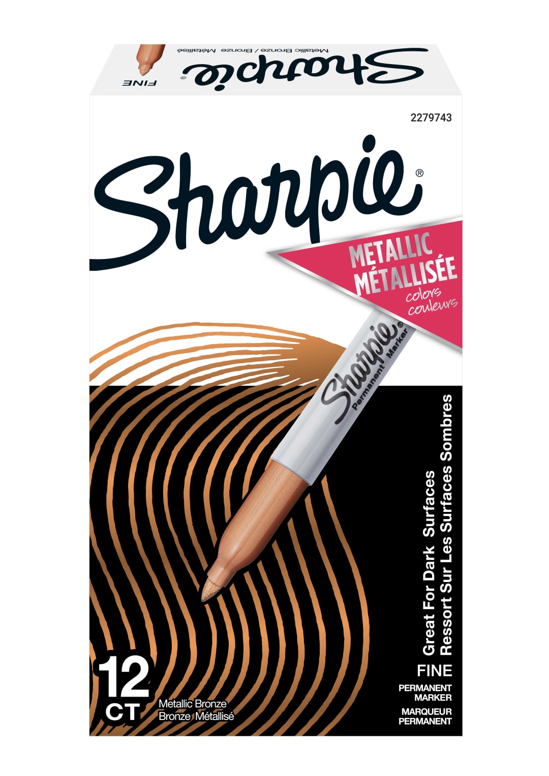 Sharpie Permanent Markers, Metallic Markers, Fine Point, Medium, Bronze, 12 Count