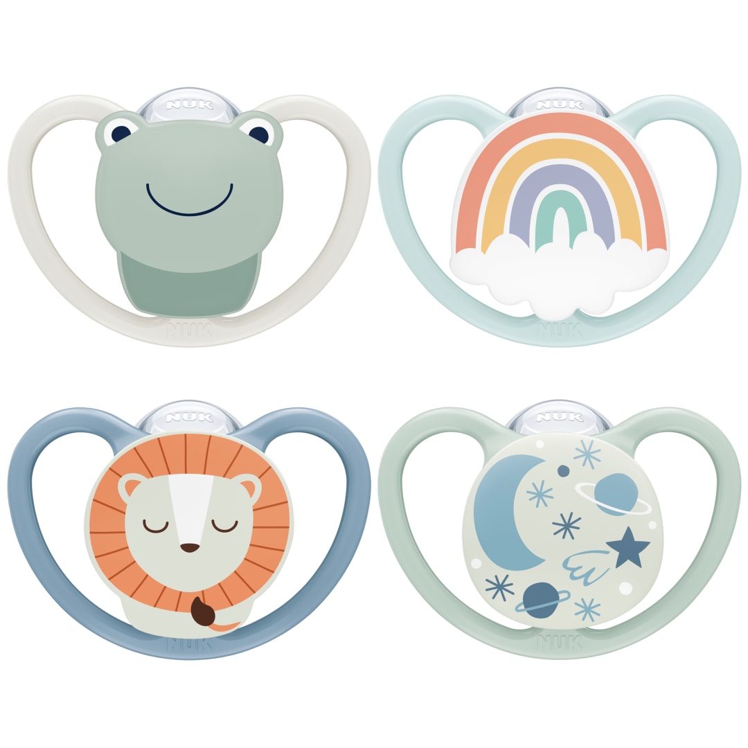 NUK Space Day & Night chupete | 0-6meses | Chupetes que brillan en la oscuridad con ventilacin adicional para pieles sensibles | Silicona sin BPA | Rana y len | 4unidades