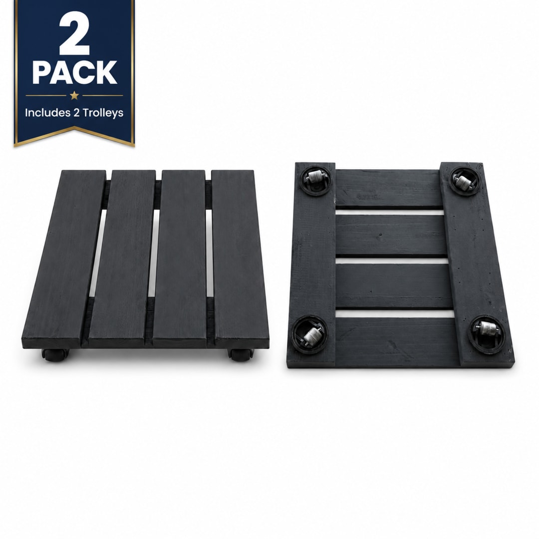 Modern Indoor/Outdoor 12 in. Black Acacia Wood Square Rolling Plant Caddy, 2-Pack