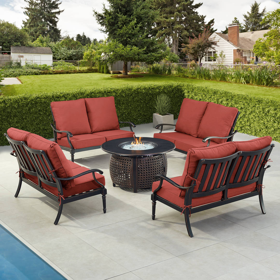 Black Aluminum Patio Fire Table Set with Four Deep Seating Loveseat with Cushions