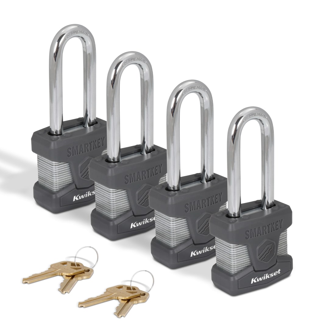 Kwikset SmartKey Re Keyable Laminated Steel Padlock with Boron Carbide Shackle, 2 in Body, 2-1/2 in Shackle, 4 Pack