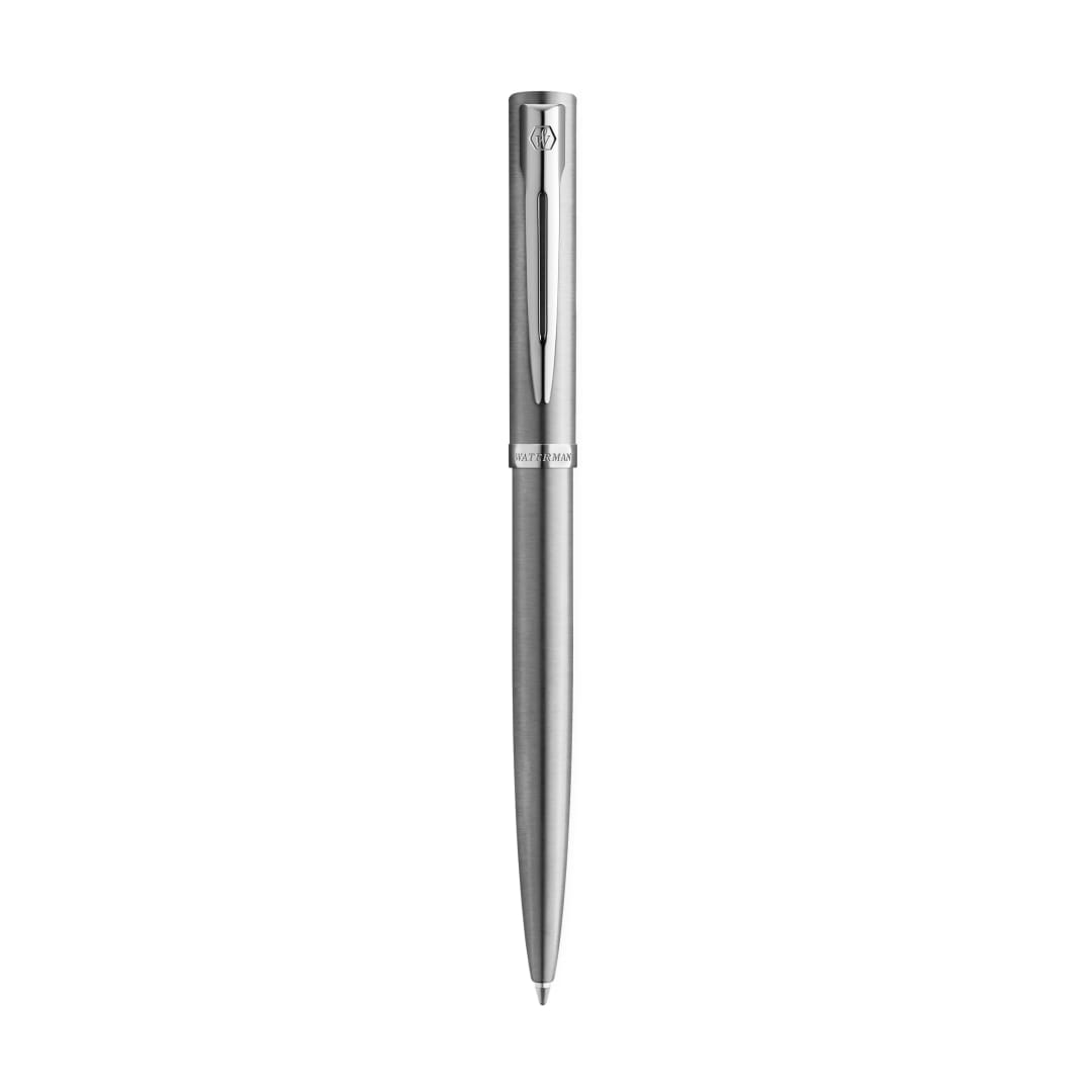 Waterman Impression Bolígrafo | Punta media con recarga de tinta azul | Acero inoxidable con adornos chapados en paladio | Caja de regalo