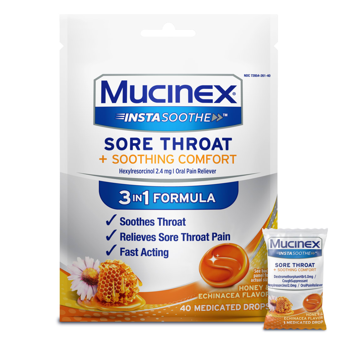 MUCINEX® InstaSoothe™ Sore Throat + Soothing Comfort - Honey & Echinacea 36/40 ct.