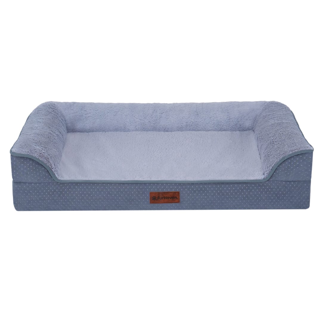 FurHaven Medium (30"x20") Cooling Gel Dog Bed – Cool Gel Memory Foam Sofa Pet Bed, Embossed Velvet, Removable Washable Cover, Steel Blue