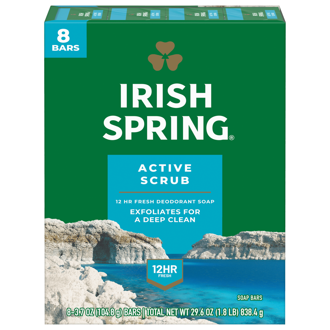 Irish Spring Active Scrub Exfoliating Bar Soap for Men, With Flaxseed Oil, 12 Hour Fresh Deodorant Soap, 3.7 oz Bar (8 Pack)