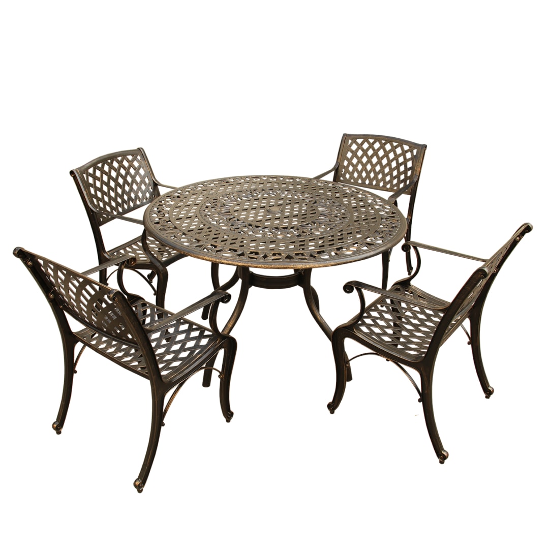 Ornate Traditional and Modern Contemporary Outdoor Mesh Lattice Aluminum 48 inch Bronze Round Dining Set with Four Chairs