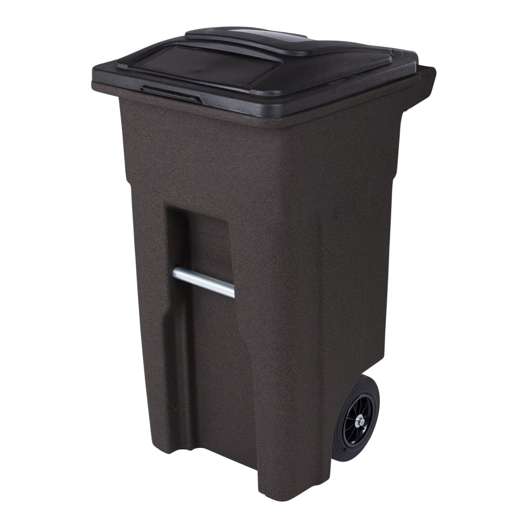 32 Gal. Brownstone Trash Can with Quiet Wheels and Attached Black Lid