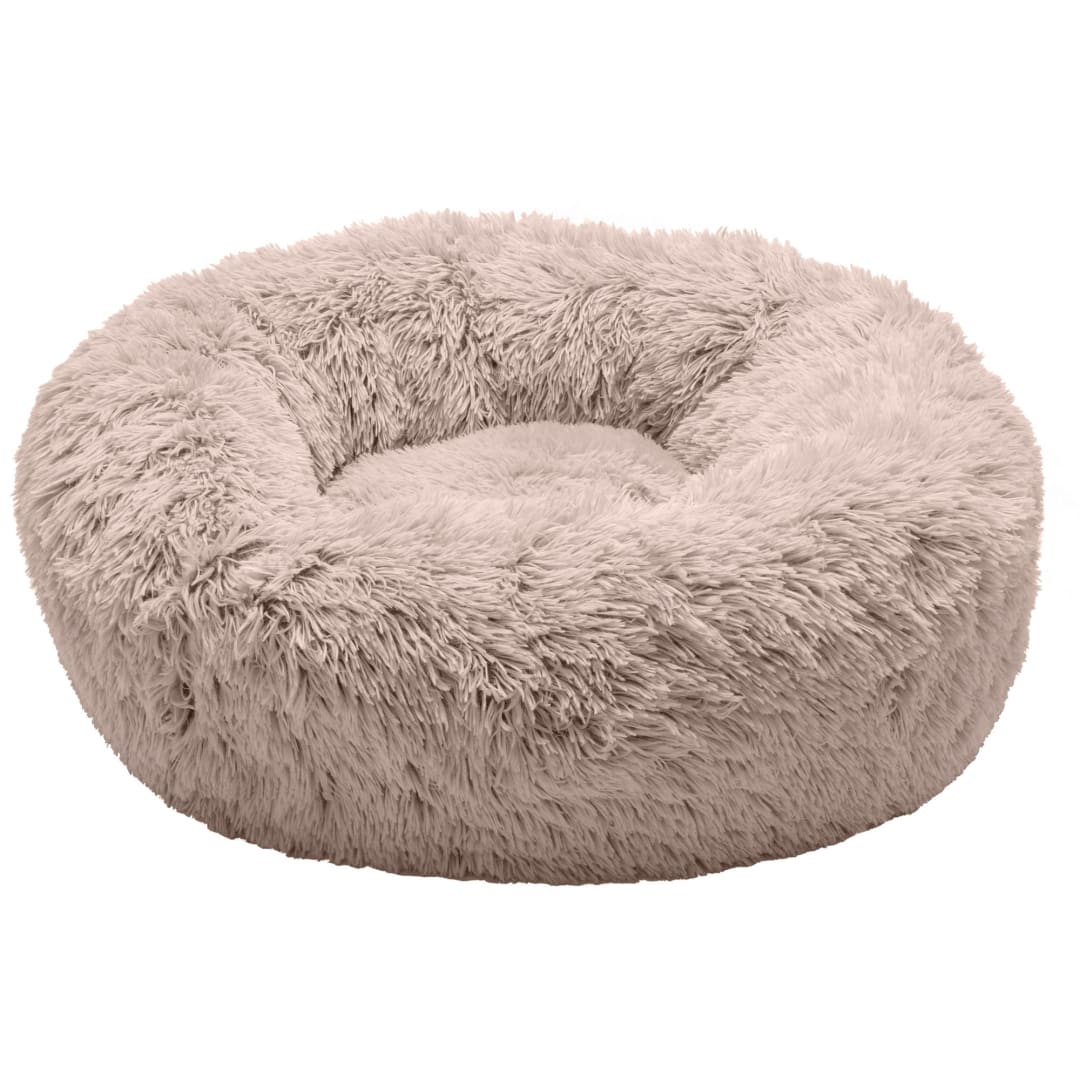 FurHaven Calming Donut Dog Bed for Medium Dogs, Round Plush Donut with Soft Filling for Snuggling Comfort, Removable Washable Cover, Medium, Shaggy Faux Fur, Taupe